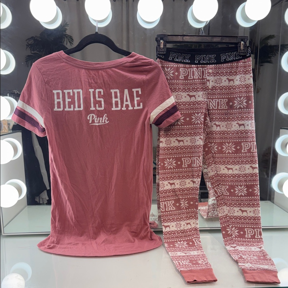 Victoria's Secret PINK Bed is Bae Pajama Set Mauve Waffle Thermal Long John’s